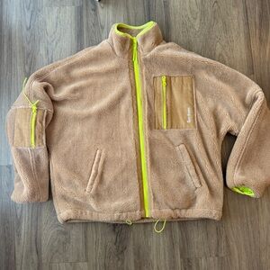 Urban Outfitters Women’s Tan Fleece Jacket with Neon Accents Size Small
